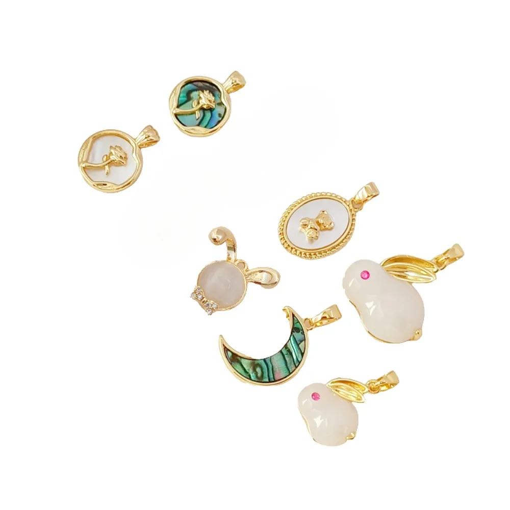 

14K Gold and Zirconium Jade Pendant with Shell Rabbit Rose Moon Pendant DIY Bracelet Earrings
