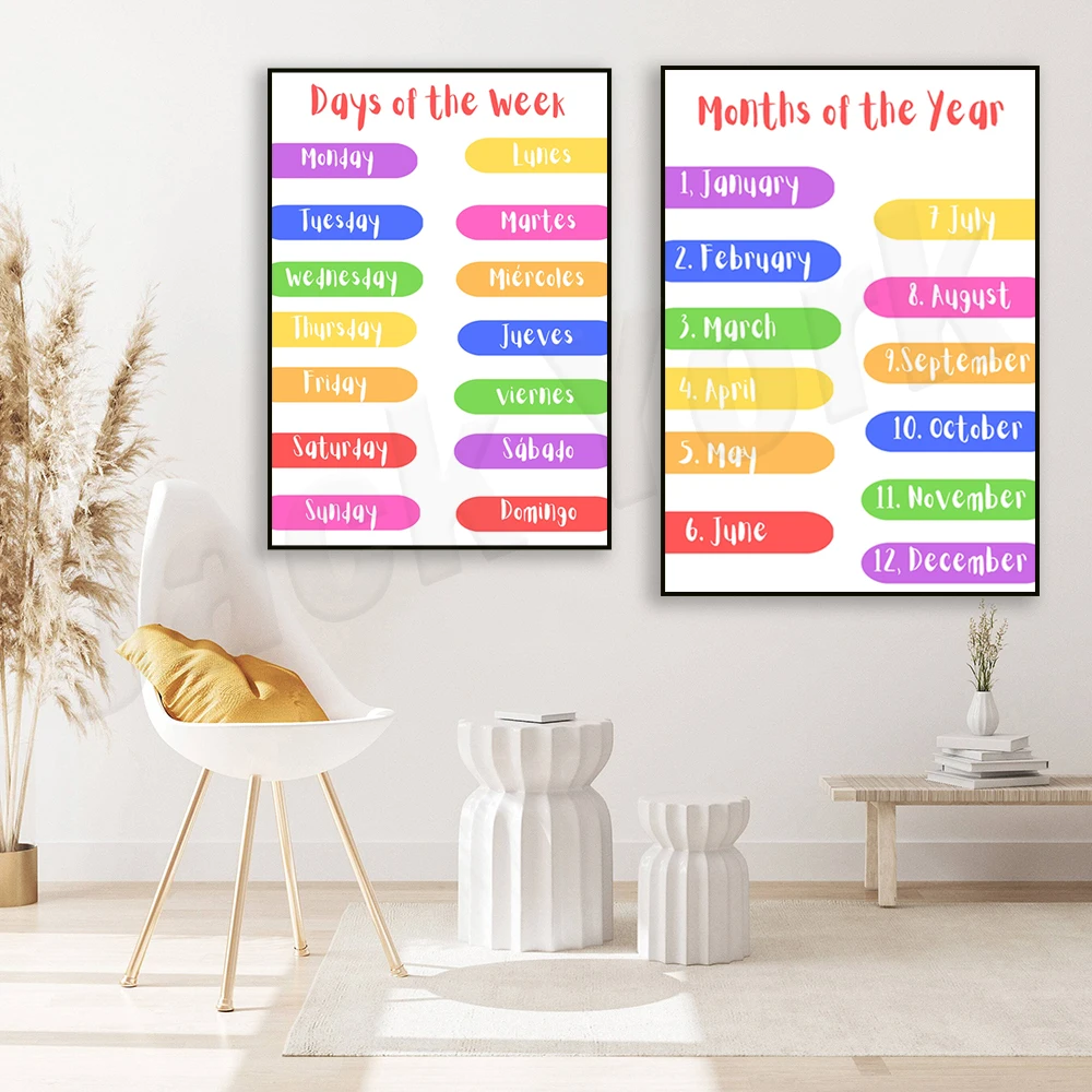 Days of the week posters, months of the year posters, homeschool posters, classroom education posters in English and Spanish