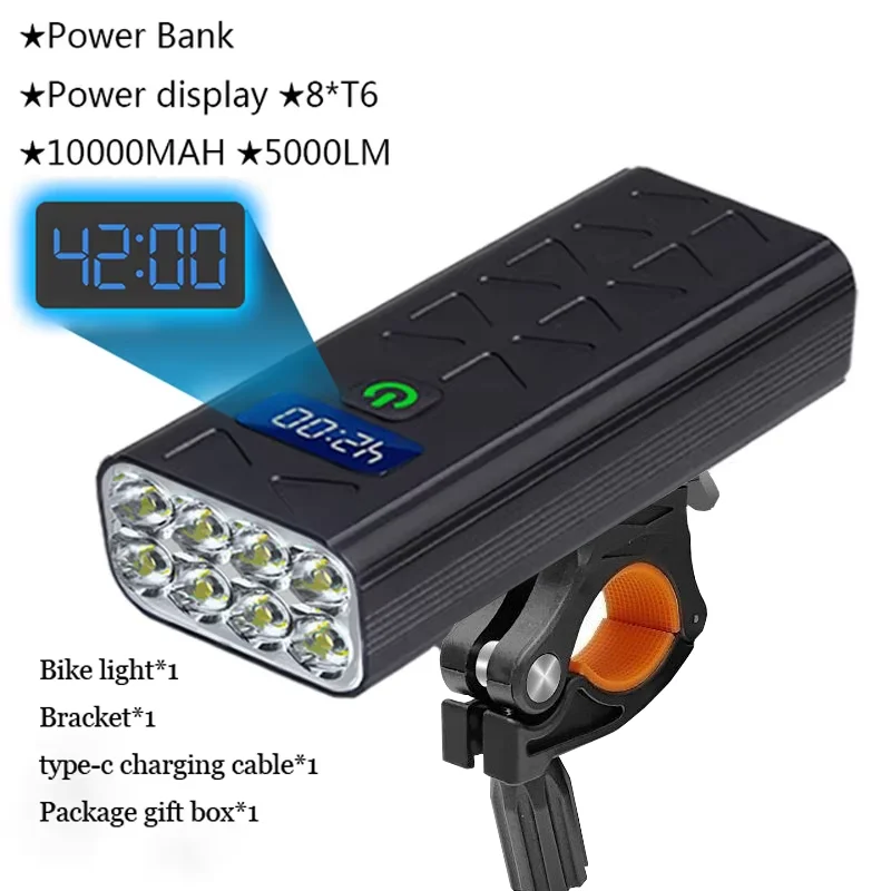 10000mAh Bicycle Light 8*T6 LED Bike Light USB Rechargeable bike Flashlight Bicycle Front Light as Power Bank Bike Accessories