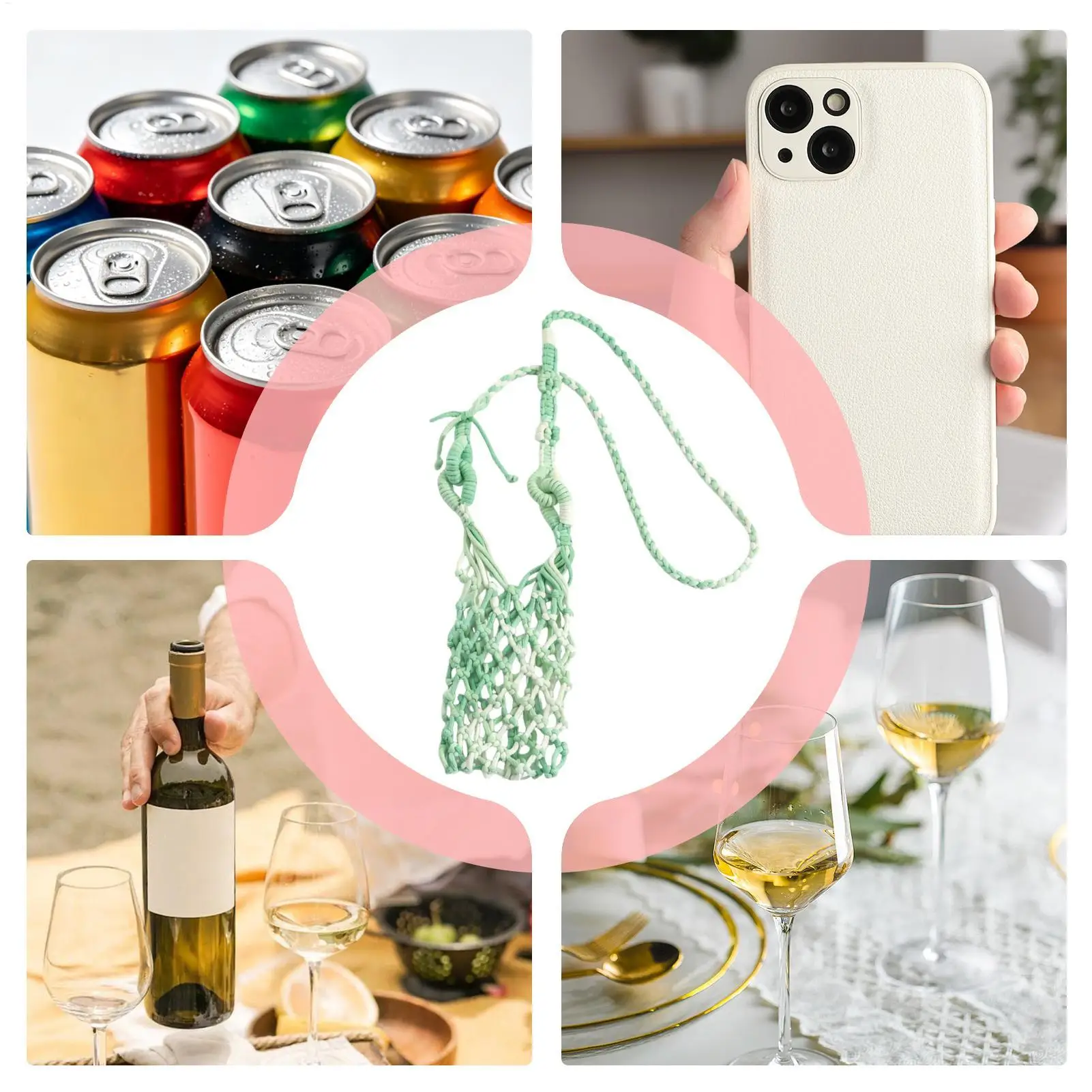 Hands Free Crochet Wine Glass Crossbody Bag Boho Woven Lanyard Holder Phone Cola Beverage Bottle Female Party Beach Craft view 6