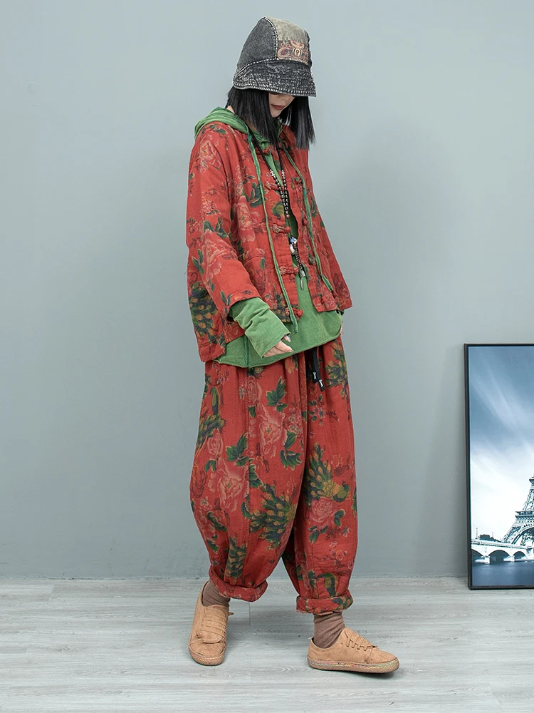 Chinese Style Vintage Printed Buttoned Cardigan Long Sleeved Jacket + Pants Two-piece Set Women 2024 Autumn ZF205