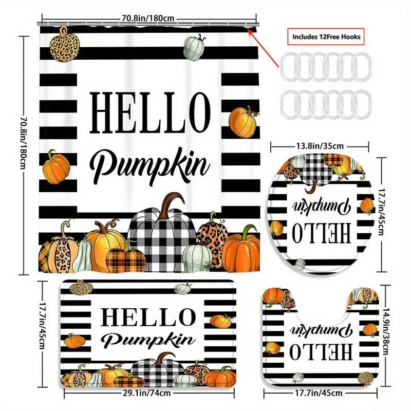 4pcs Halloween Pumpkin Stripes Shower Curtain Gift Modern Home Bathroom Decoration Curtain and Toilet Floor Mat 4piece Set