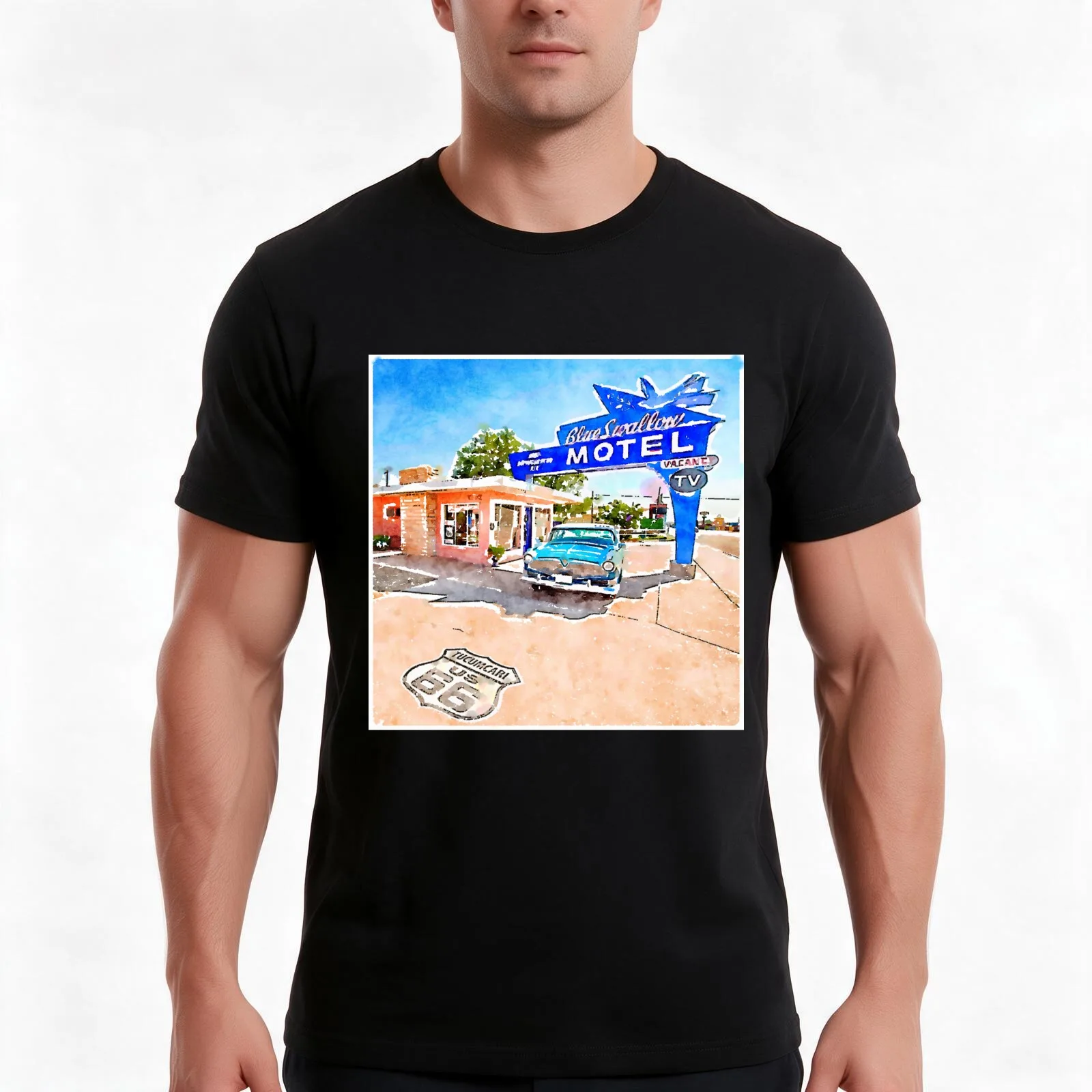 Watercolor Route 66 Blue Swallow Hotel T-Shirt, Summer Casual Cotton Tee, Oversized Streetwear Tops, Vintage Graphic Print