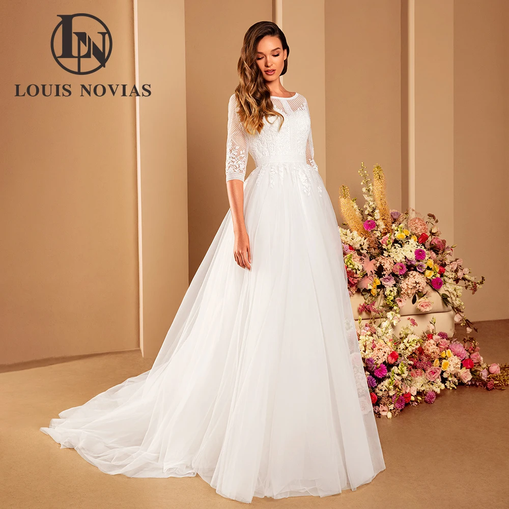 LOUIS NOVIAS BOHO Wedding Dresses For Women Sexy SCOOP Illusion Bride A-Line Court Train Embroidery Bridal Gown Vestido De Novia