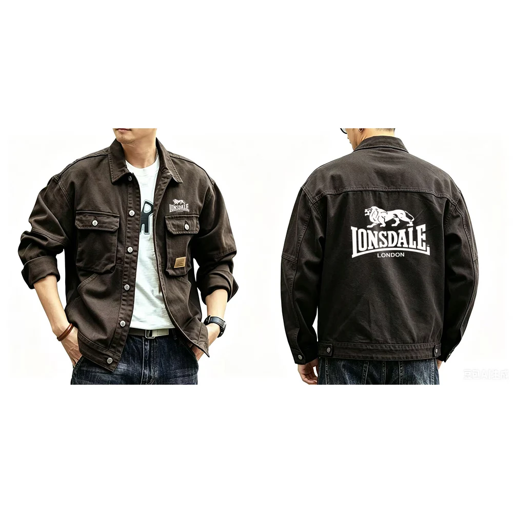 Men's LONSDALE casual jacket, loose fit, workwear style, American retro, spring and autumn, denim shirt high neck long sleeves w
