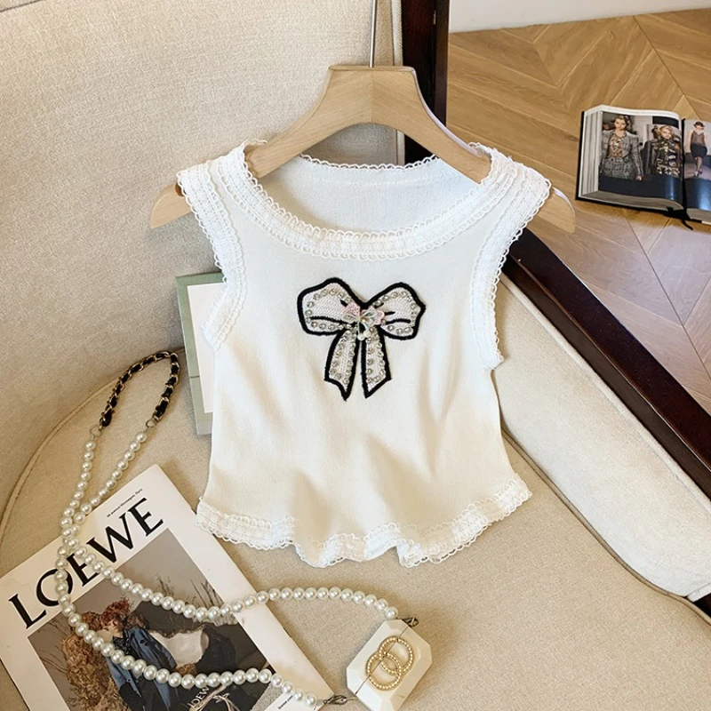 2025 New Summer Women Fashion O-neck Sleeveless Camisole Rhinestone Bow Decoration Lace Lace  Elastic Tank Tops Sweater Vest