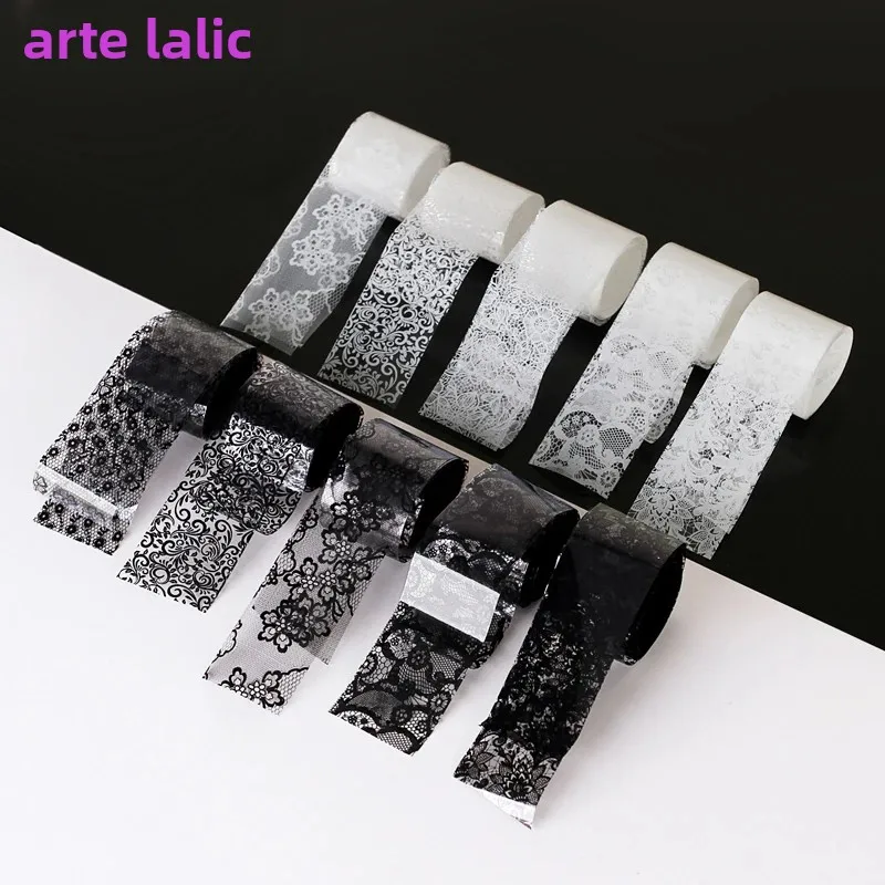 10 rolos 2.5*60cm novo preto branco renda folha de transferência arte do prego sexy envoltórios completos flor cola adesivo diy manicure ferramentas estilo