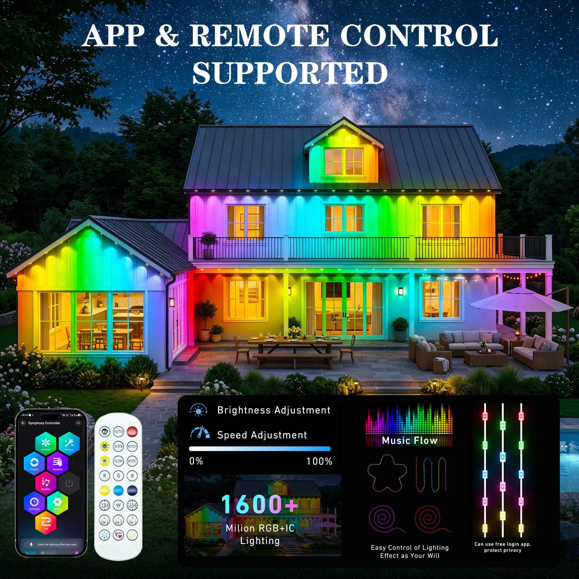 100FT Permanent Outdoor Lights Rgbic, Outdoor Christmas Lights, Smart RGBIC App Control with 60 LEDs, LED Eaves Lights IP67 Waterproof, House Roof Outdoor Lighting for Party, Daily, Halloween, Garden