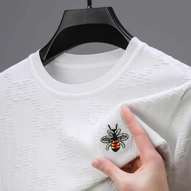 

Fashion Men's Short Sleeved Knitted T-shirt, Summer Clothing, Men's Round Neck Half Sleeved T-shirt, Embroidered T-shirt