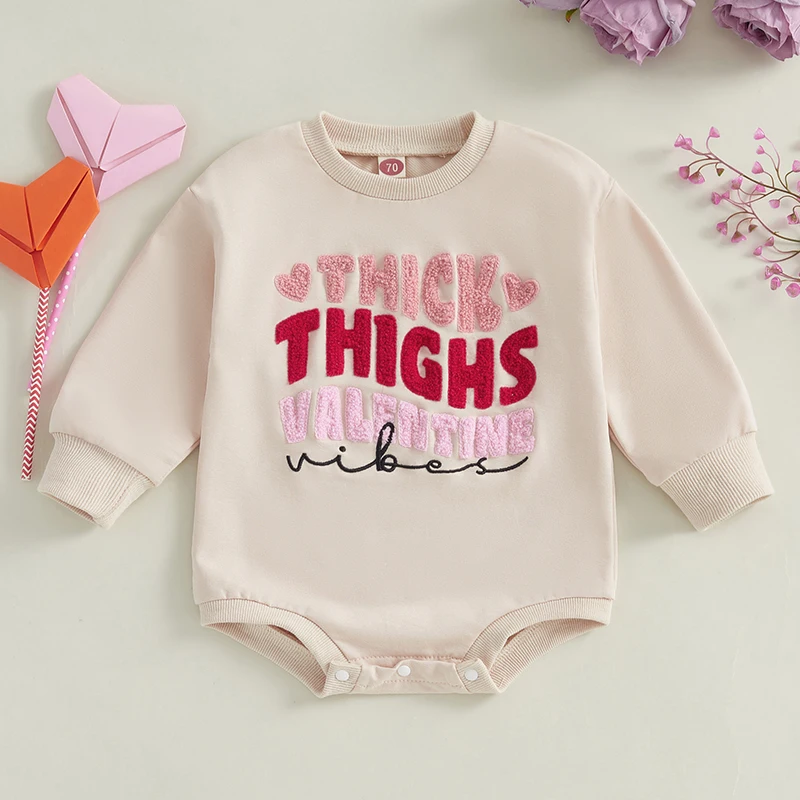 0-18months Toddler Girl Heart Print Long Sleeve Romper Embroidered With Love Letters Valentine Day Bodysuit For Baby Girl