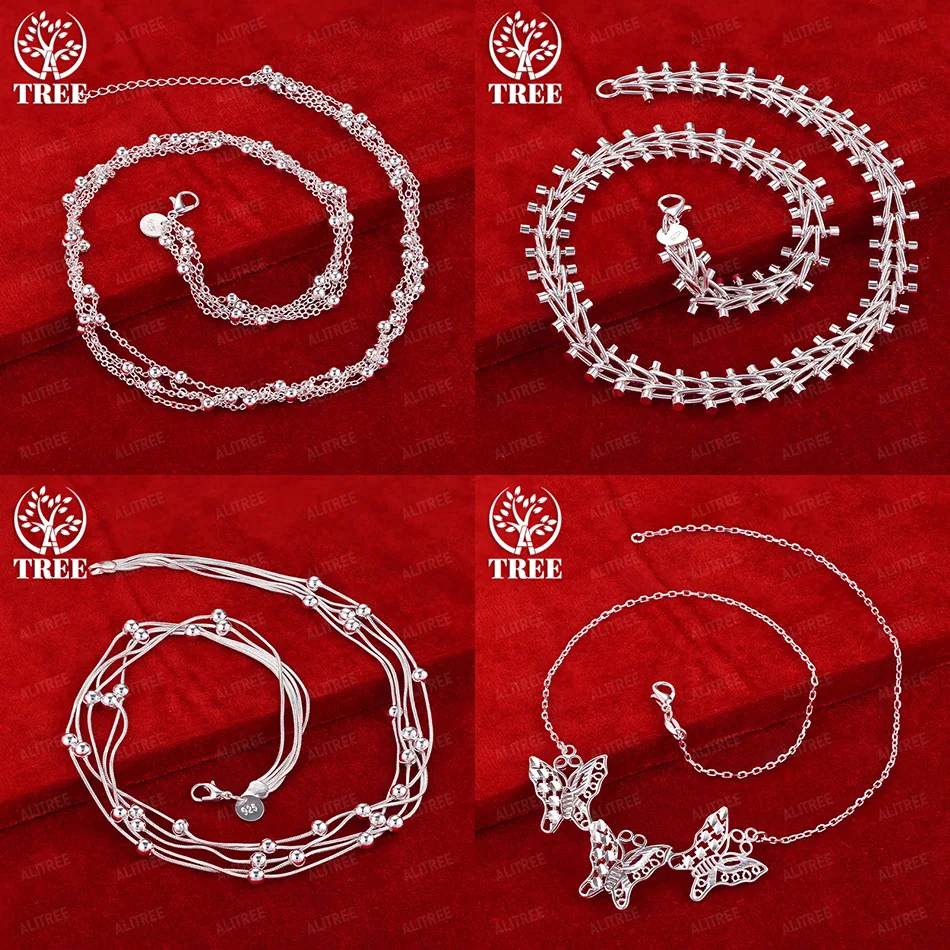 

New 925 Sterling Silver Butterfly Beads Double Row Beads Wide Chain O Chain 45cm Necklace Lady Party Wedding Jewelry Accessories