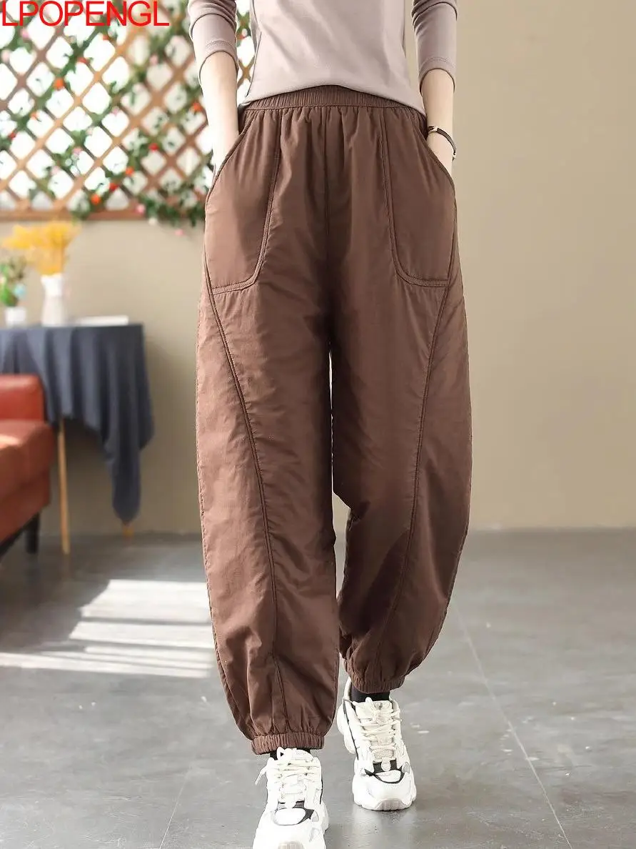 Modne, jednokolorowe, grube bawełniane spodnie typu lantern, codzienne, ciepłe, zimowe, nowość 2025, luźne, z elastyczną talią, codzienne spodnie bawełniane.