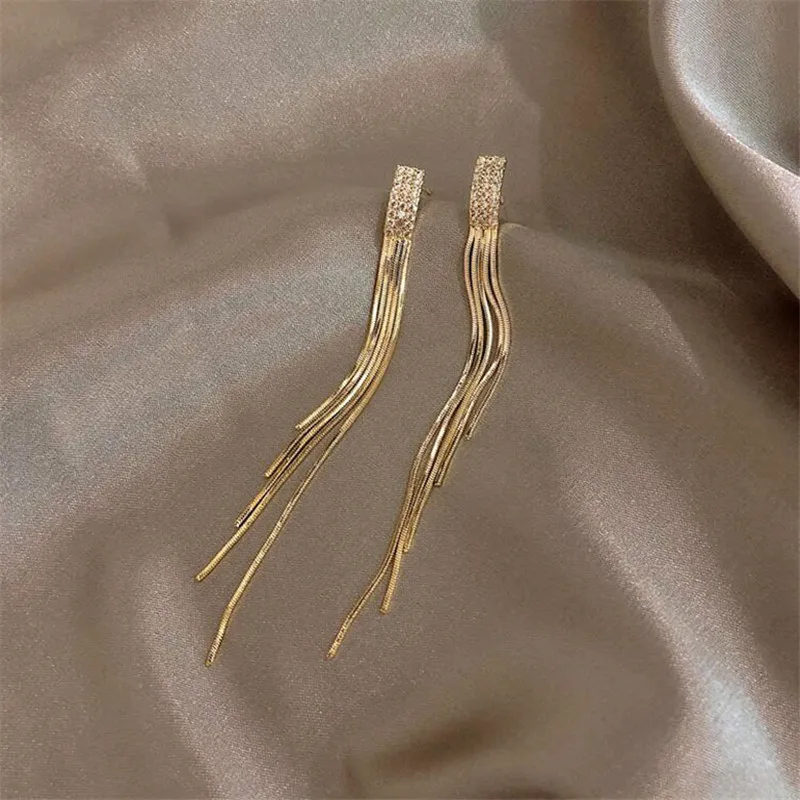 Vintage Gold Color Bar Long Thread Tassel Drop Earrings For Women Glossy Geometric Korean Earring New Fashion Wedding Jewelry