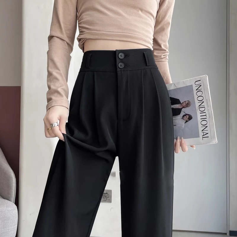 بنطلون نسائي جديد للصيف بخصر مرتفع وساق واسعة، تصميم أنيق يناسب الجسم، بنطلون كاجوال مستقيم بلونين أزرق، تصميم عصري