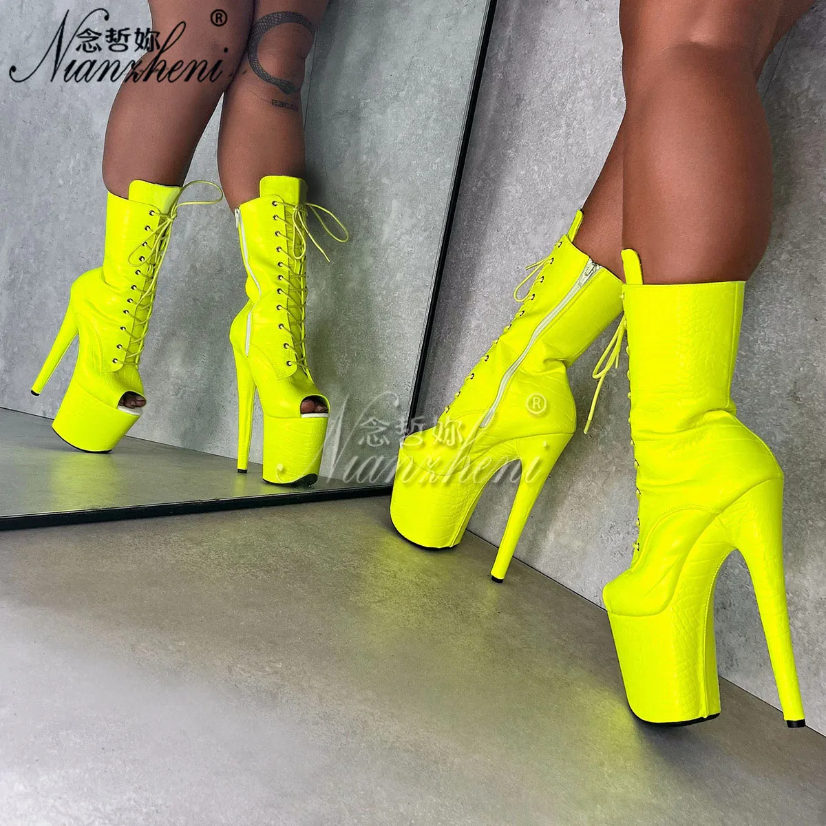 Punk Yellow Ankle Boots 20cm Open Toe 8Inch Plus Size Sexy Fetish Shoes High Heels Stripper Pole Dance Catwalk Models Nightclub