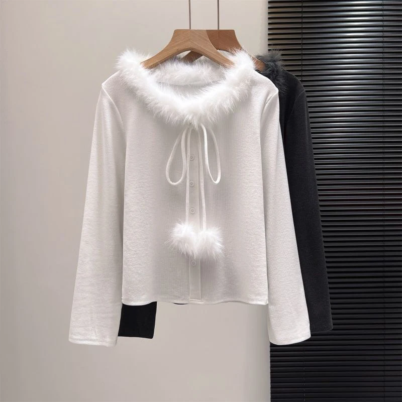 Kawaii Slim Fit T Shirt Women Sweet Long Sleeve Fur Collar Patchwork Cute Tees Preppy Lace Up Bow Fluff Ball Bottoming Tops New