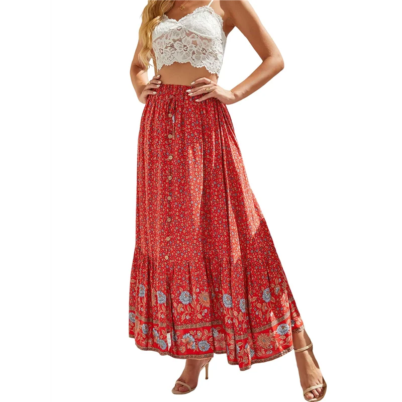 CYL-Maxi Spódnice Damskie Lato 2025 Boho Długie, Zwiewne, Kwiatowe, Elastyczne, z Wysokim Stanem, z Rozcięciem z Przodu, Codzienna Spódnica Podróżna