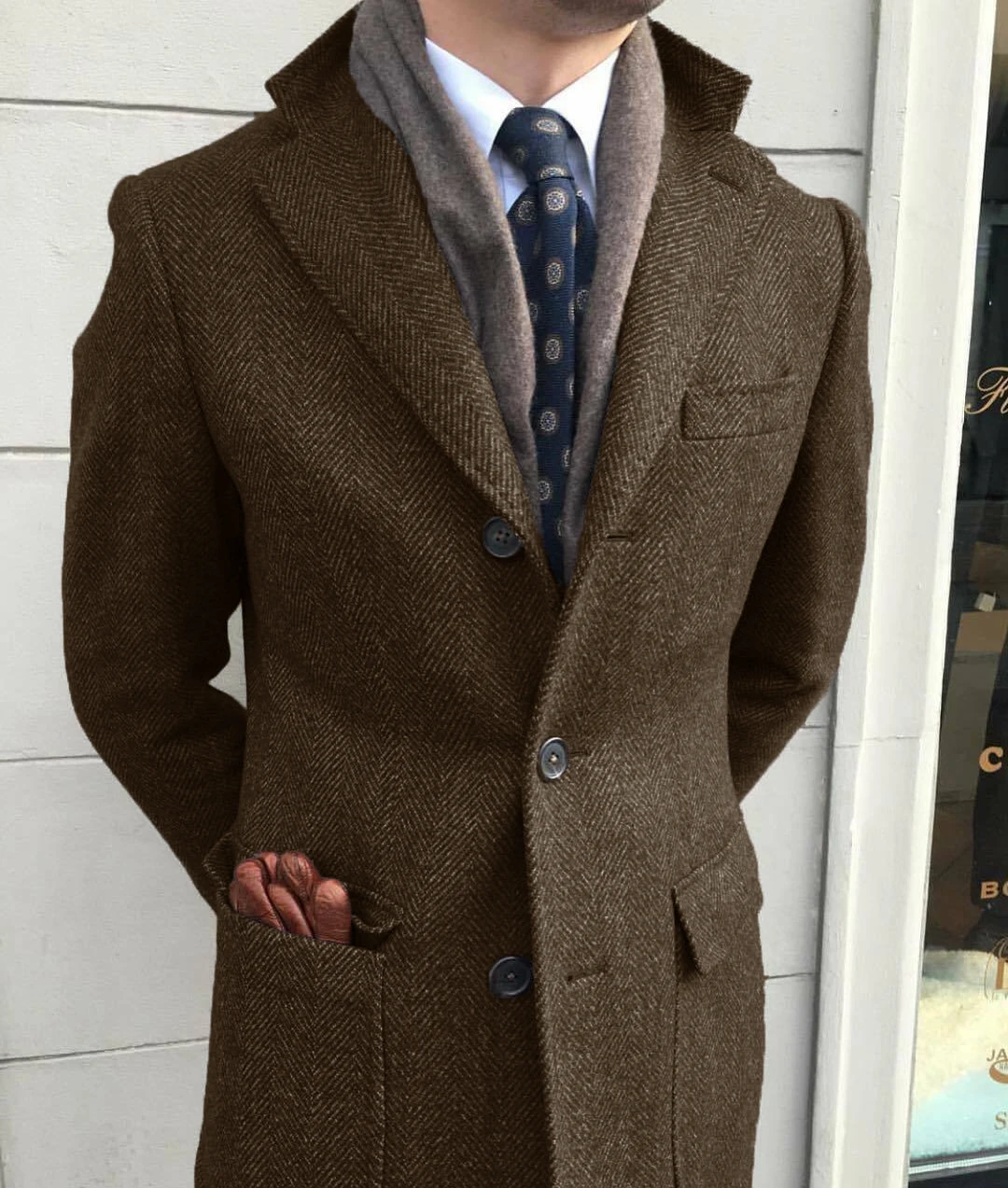 Giacca a vento da uomo Giacca classica in misto lana tweed a spina di pesce Giacca invernale calda lunga Cappotto sportivo da esterno erkek mont