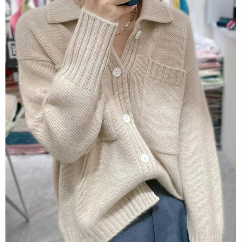 European station POLO neck pocket cashmere cardigan autumn/winter lazy sweater loose knit sweater thick wool coat