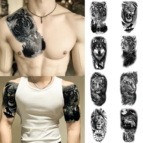 8pcs Temporary Tattoo Stickers Waterproof Fake Tattoos Black Wolf Tiger Lion Patterns Suitable For Men'S Arm Or Leg Decoration