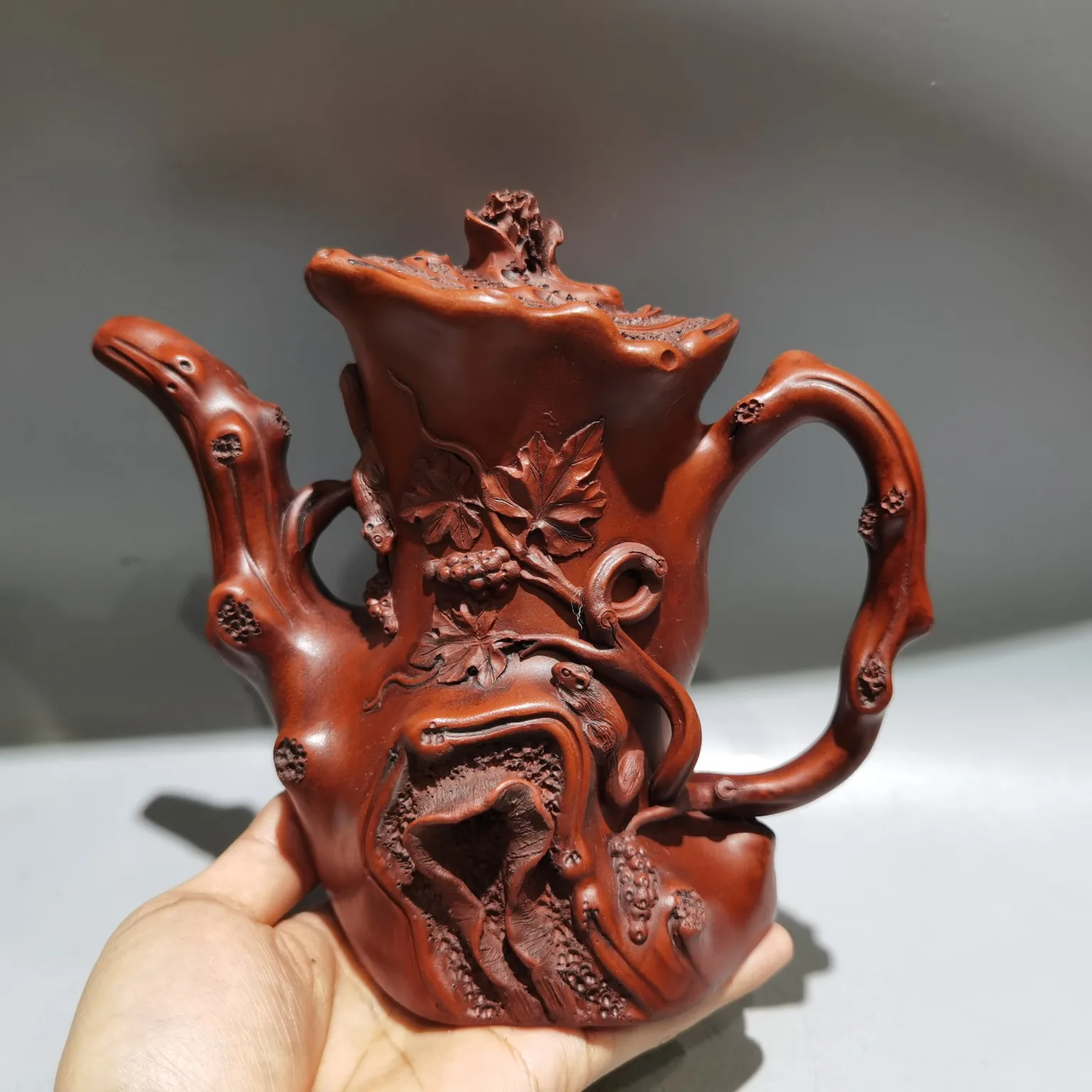 

8"Chinese Yixing Purple clay Teapot Squirrel Statue Grapes Root shaped Teapot kettle Ornaments Gather fortune Town house