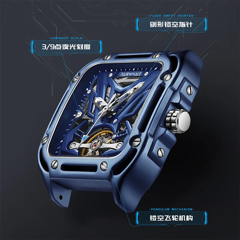 Montres automatiques creuses pour hommes, acier inoxydable, carré, montre mécanique, cool, Shoous, tourbillon, mode, nouveauté