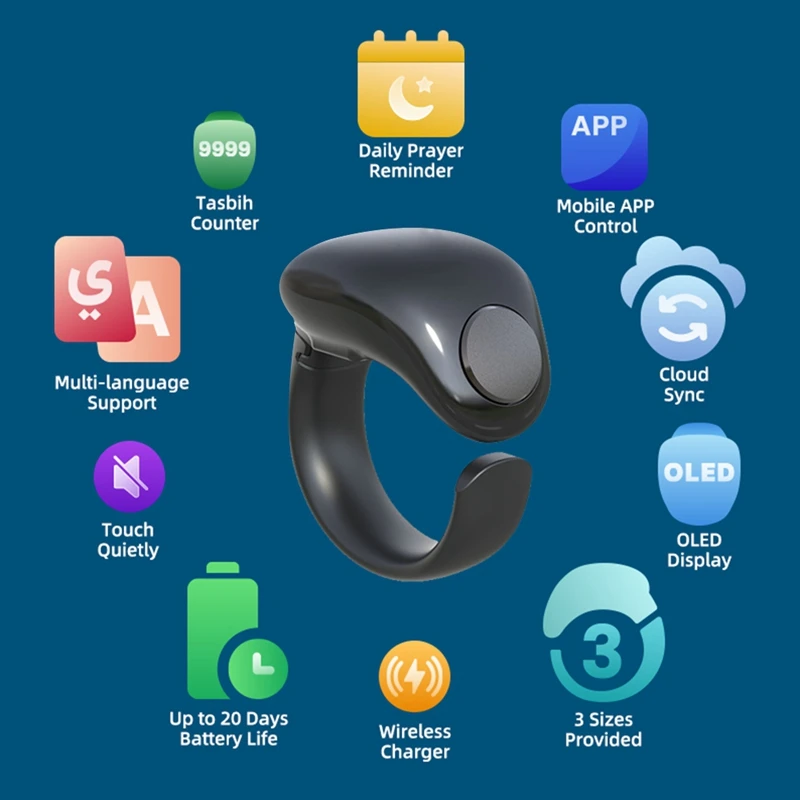 Compteur de doigt électronique étanche Bluetooth, anneaux intelligents, compteur Tasbih, 4 chiffres