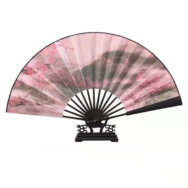 Vintage Large Decorative Hand Fan Bamboo Bone Chinese Silk Cloth Folding Fan Men Women Dance Costume Hanfu Accessories