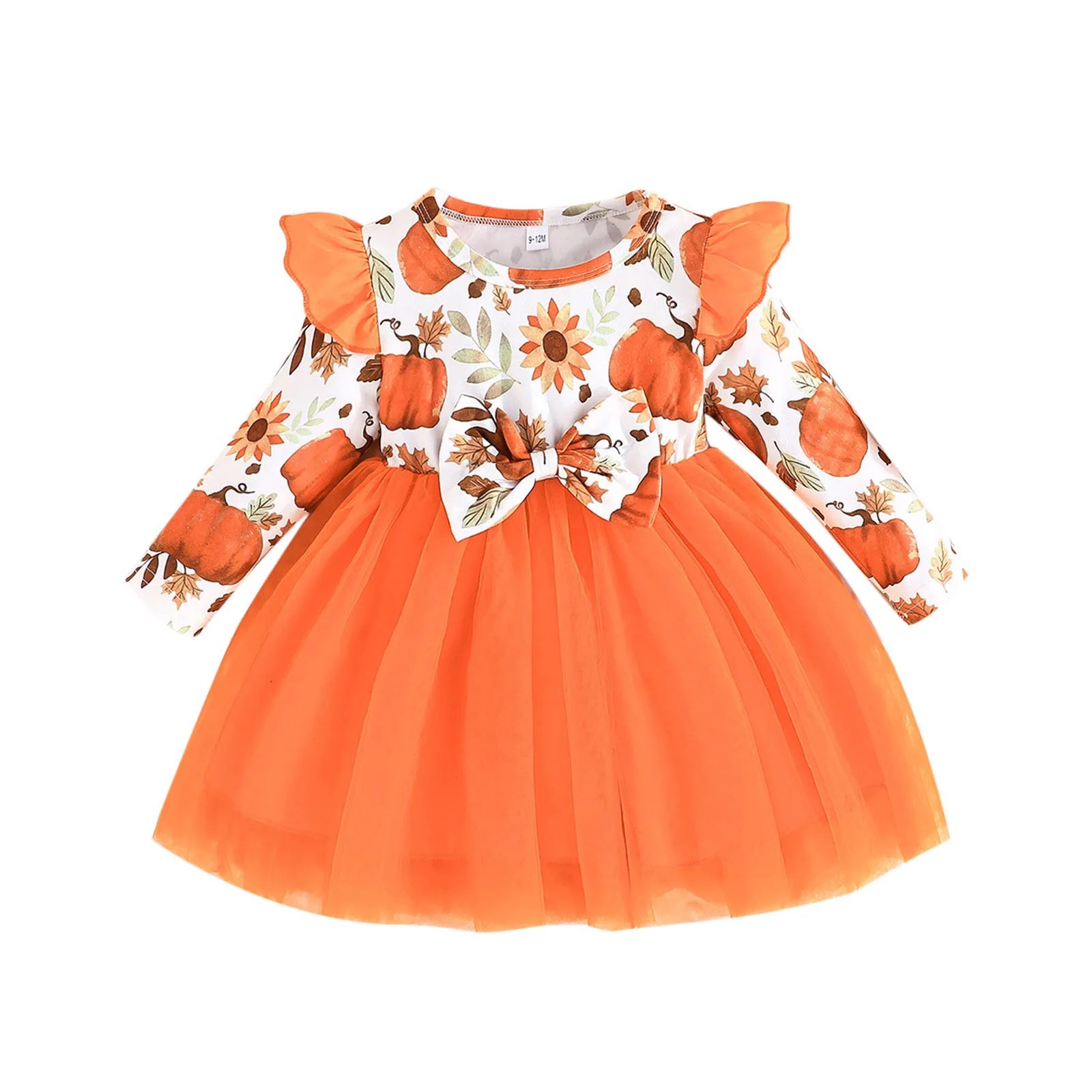 2024 Fashion Dress Kids Girls Long Sleeve Halloween Pumpkin Prints Tulle Princess Dress Sweet Girls Clothes Dress Size 1-4years