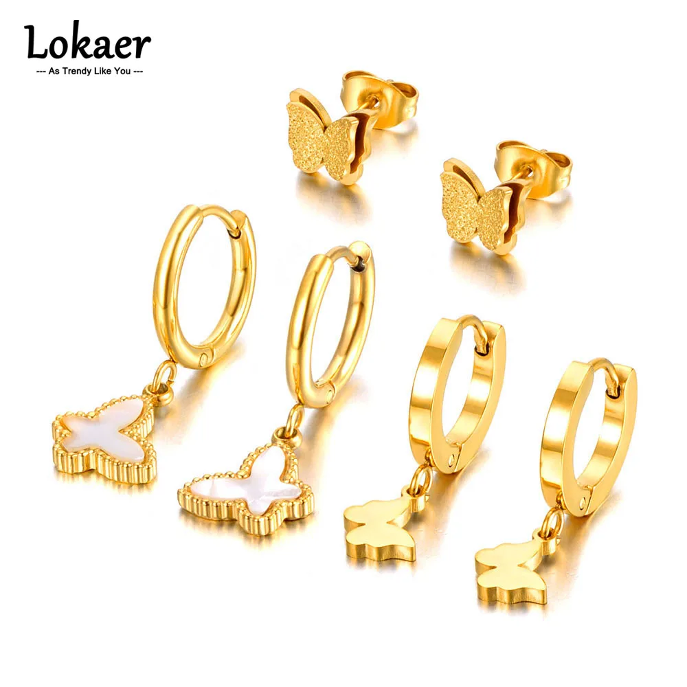 Lokaer 3Pair/Set Stainless Steel Flying Butterfly Earrings For Women Girls 18K Gold Plated Earrings For Christmas Gift E22170