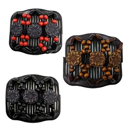 Hair Side Combs for Women Wood Beaded Stretch Double Hair Side Combs Clips Bun Maker with 3 Flowers Hair Accessories