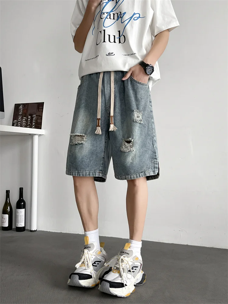 

Summer Thin Denim orts Men's Loose Straight Waed Five-Point Pants Retro American Sle Casual Wear Youth Trend