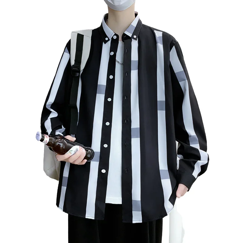 Men's Trendy Long Sleeve Shirt - Spring Summer Color-Block Light Business Casual Stripe Shirt, Minimalist Style Utility Wear