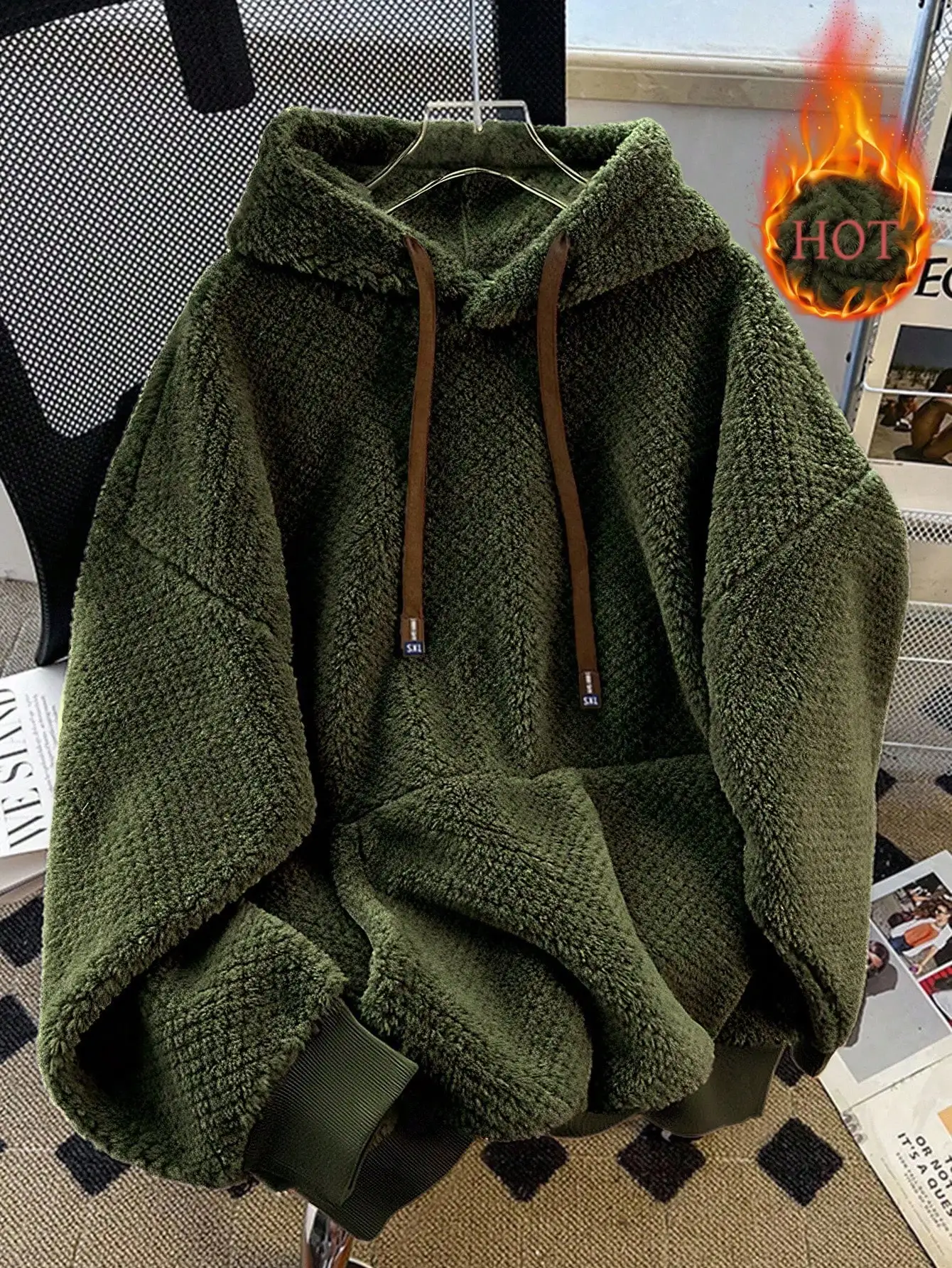 Womens Oversized Fluffy Teddy Hoodie Gorpcore Granola Girl Aesthetic Long Sleeve Fuzzy Sherpa Fleece Sweatshirt Jumper Solid Forest Moss Green Contrast Brown Drawcord Ties Kangaroo Pocket Drop Shoulder Slouchy Cut For Fall Winter Camping Christmas Gift