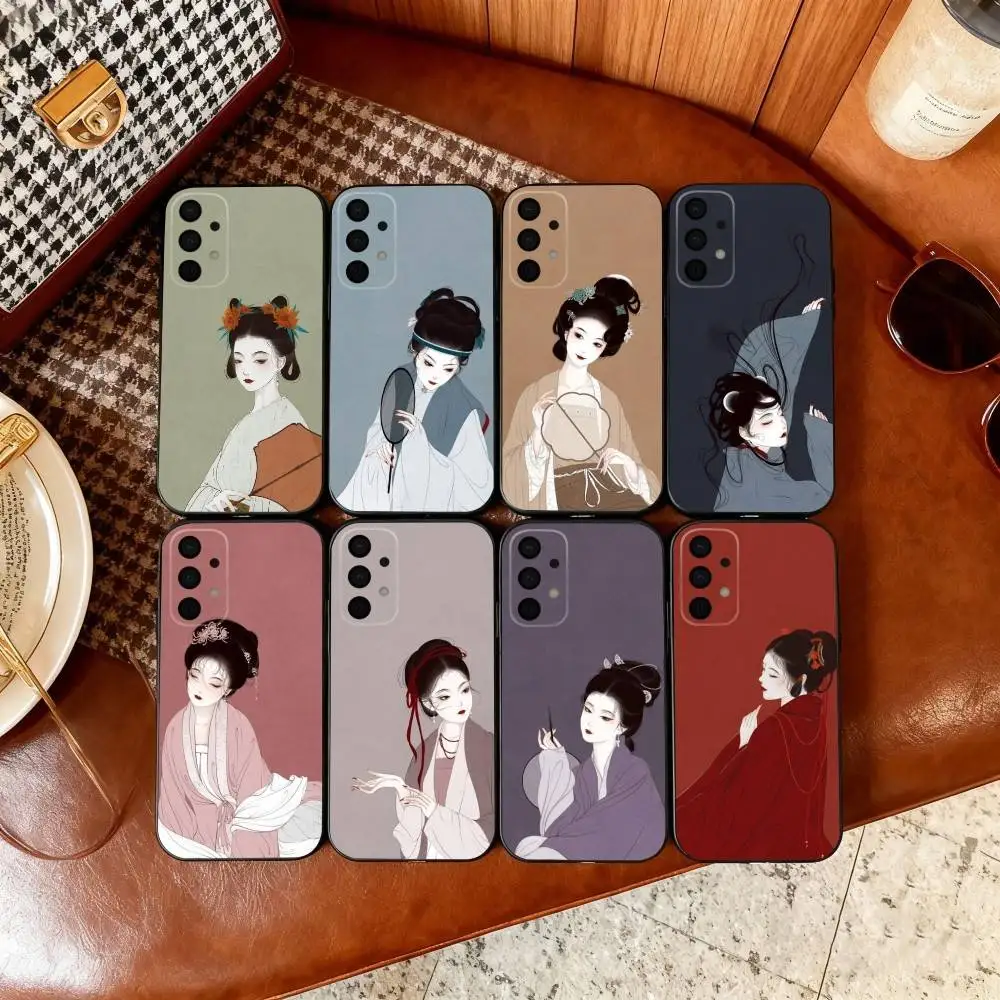 

Chinese Clothing Hanfu Phone Case For Samsung Galaxy A73,A72,A71,A70,A53,A52,A51,Soft Silicone Black Cover