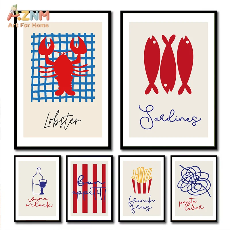 AZNM Retro Seafood Food Canvas Wall Art Lobster Sardine Pasta French Fries Trendy Kitchen Dining Room Decor Poster Unframed