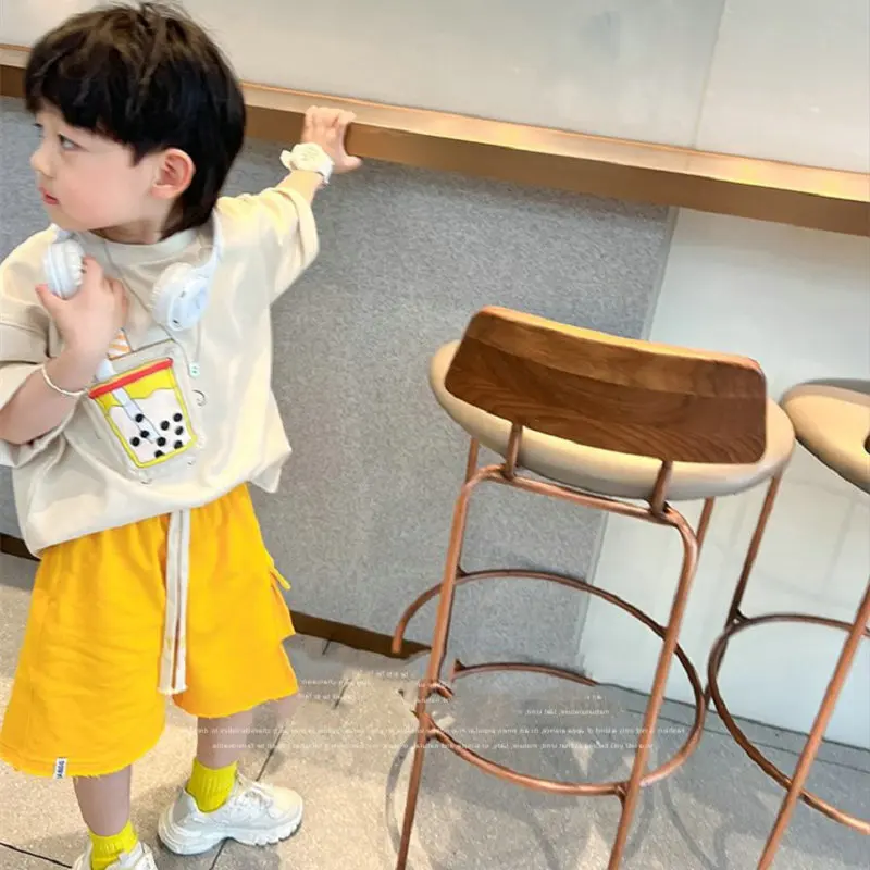 

Boys' suit with cartoon drink cup and dropped shoulder sleevesTT-shirt and shorts26New summer children's clothing wholesale3-8Ye