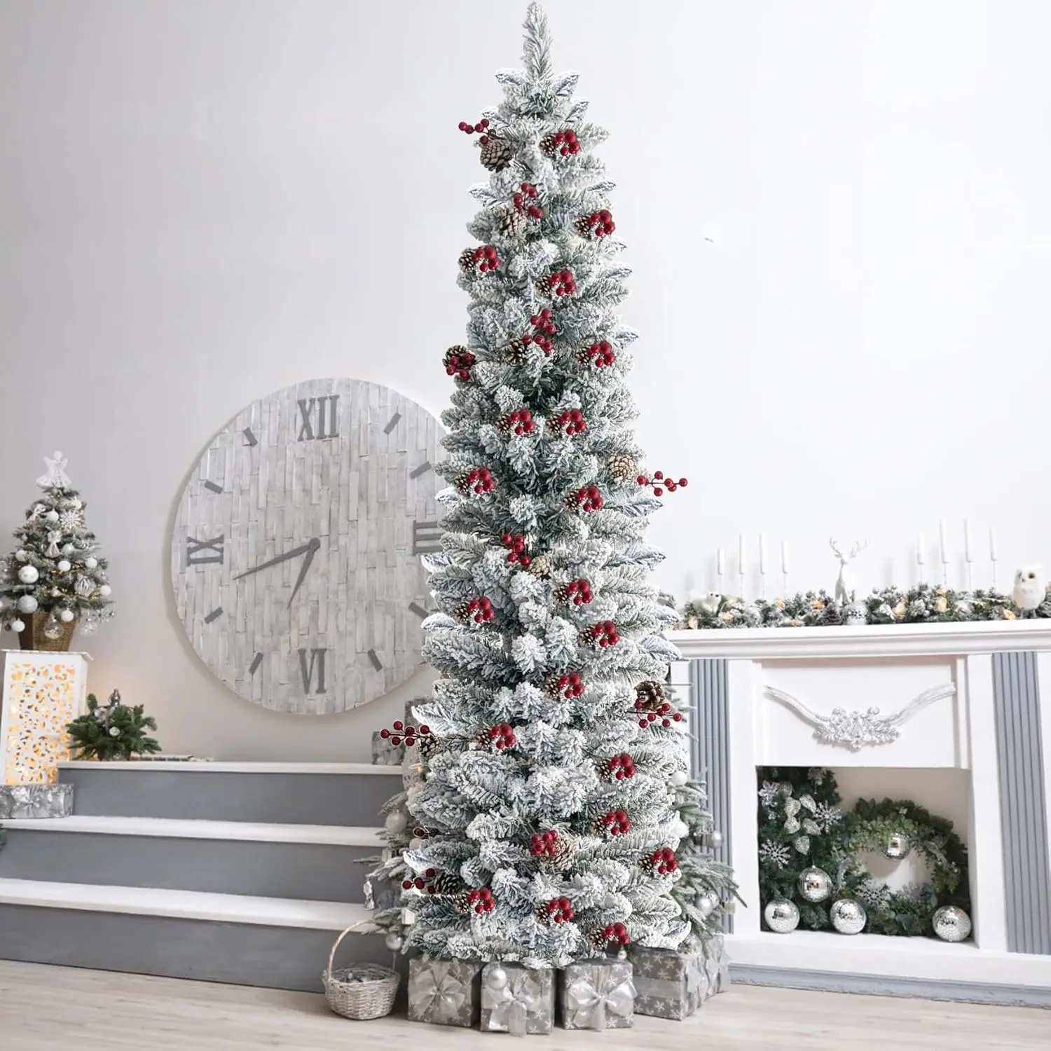 

6ft Flocked Artificial Pencil Christmas Tree, Slim Unlit Tree with 30 Pine Cones & 30 Red Fruits, Metal Stand for Indoor Holiday