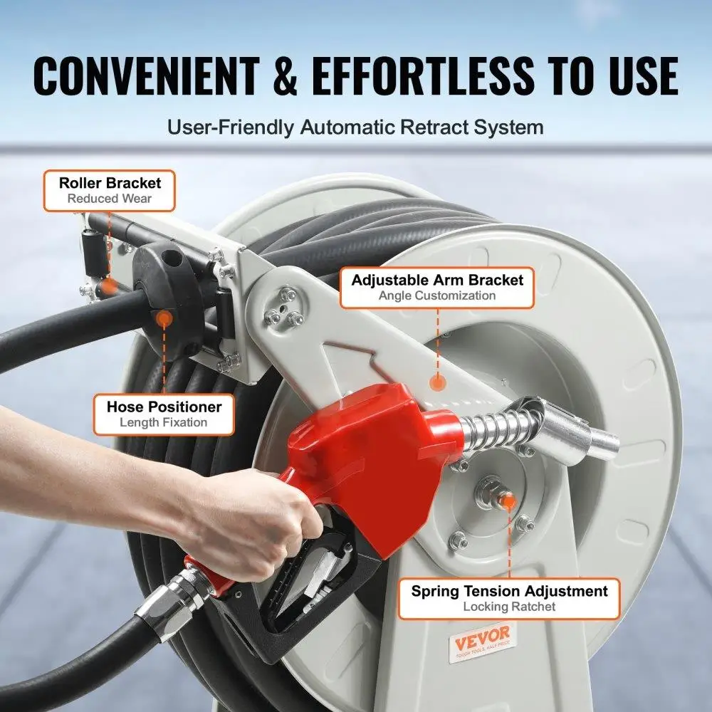 追加1インチ50フィートディーゼルホースリールヘビーデューティーカーボンスチール自動ノズルNBRゴム300 PSI