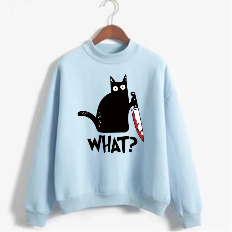 Gato preto assassino o quê? Impressão surpresa mulher sweatshirts doce coreano o-pescoço de malha pullovers outono doce cor roupas femininas