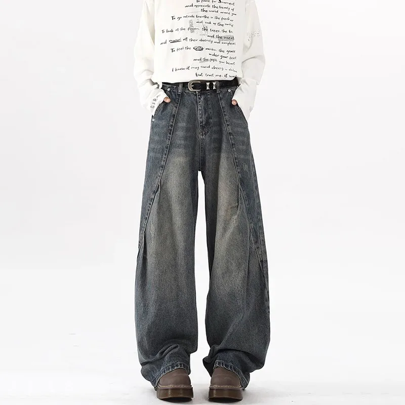 Spring And Autumn Retro Curved Jeans With Large Pockets Men'S Straight Leg Pants Loose Casual Wide Leg Pants