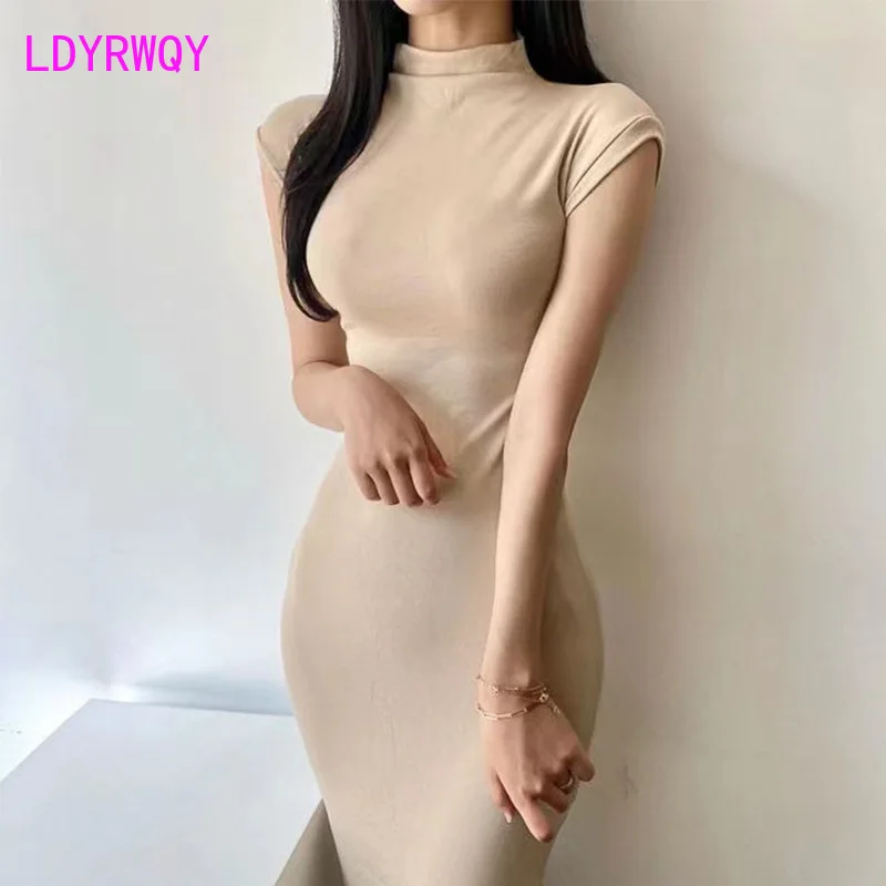 South Korea 2022 autumn outfit new temperament women half high collar sleeveless figure long dress woman