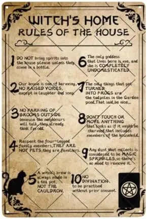 Witchs Home Rules Of The House Tin Sign Poster Metal Plaque Vintage Witch Wall Decor For Bar Art Home Living Room Bedroom Tin W