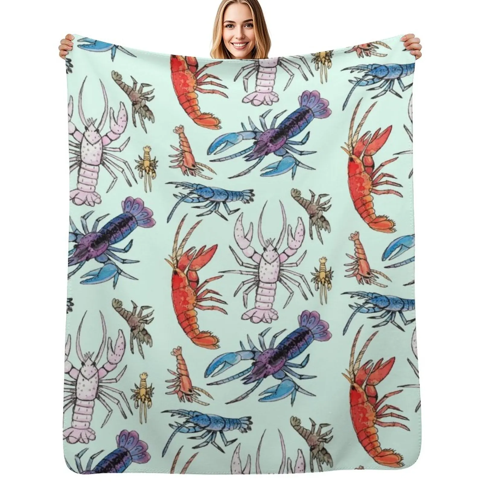 Colorful Aquatic Crayfish Species in Watercolor Throw Blanket Multi-Purpose Flannels Sofa Quilt Decorative Sofas Blankets