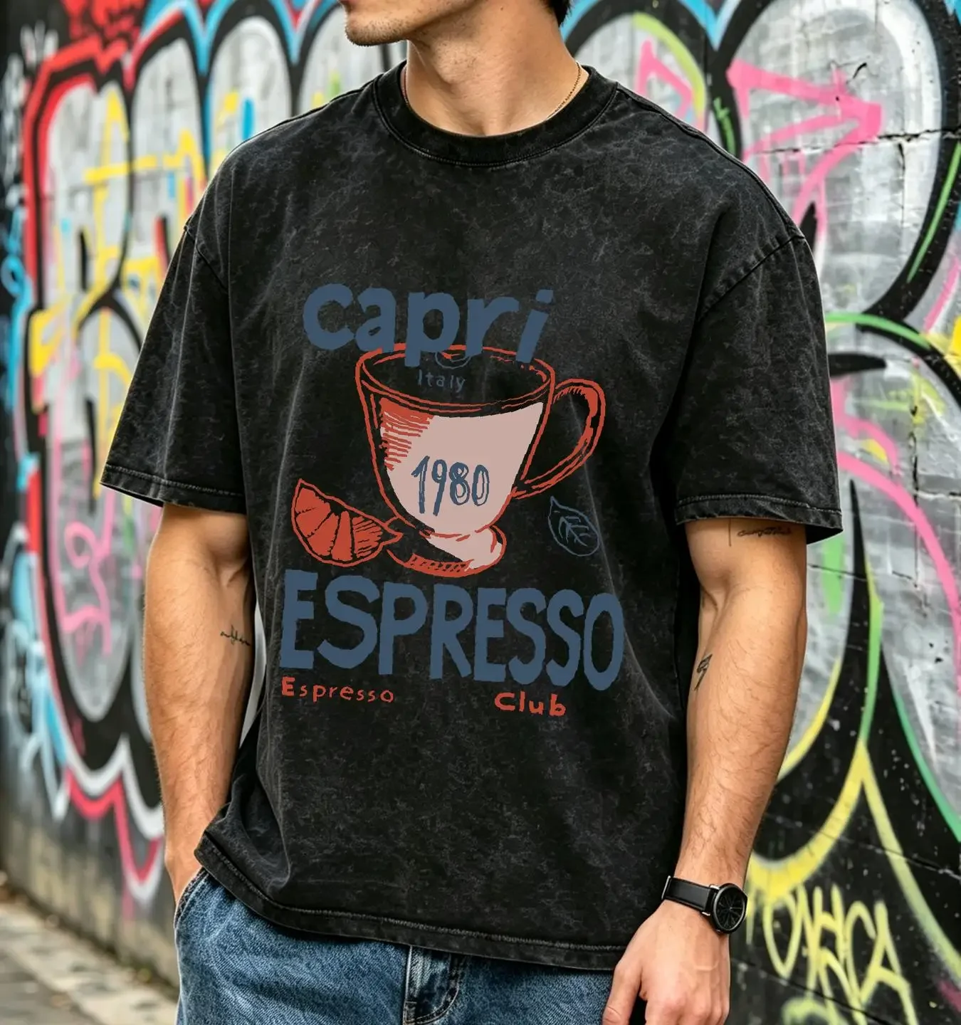 washed T Shirt Capri Italy Espresso Club 1980 Soft Vintage Cotton vintage Washed Breathable fashion streetwear Stylish