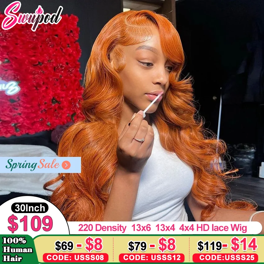 

Swupod 13x4 13x6 200% Density Transparent HD Lace Front Wig for Women Body Wave Remy Human Hair Ginger Orange Color Loose Deep