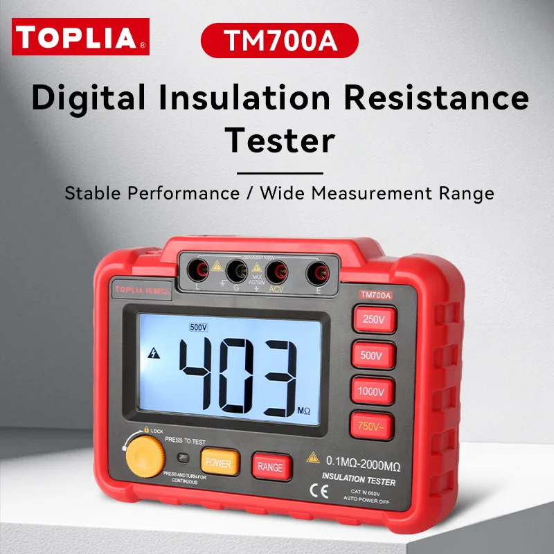 

TOPLIA Digital Megohmmeter Insulation Resistance Tester 250V~1000V Test Voltage Testing Insulation Resistance IR 0.1MΩ~2000MΩ