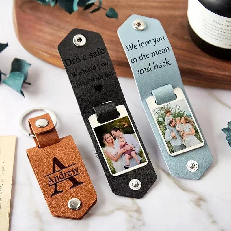 

Hot Selling Stainless Leather Keyring Photo UV Color Printing Custom KeyChain Personalized Text Engraved Date Customized Jewelry