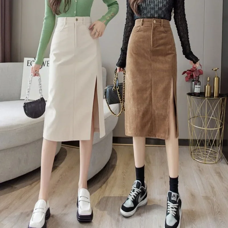 

Autumn and Winter Solid Color Corduroy Women's Skirts High Waist Fashion Long Skirt