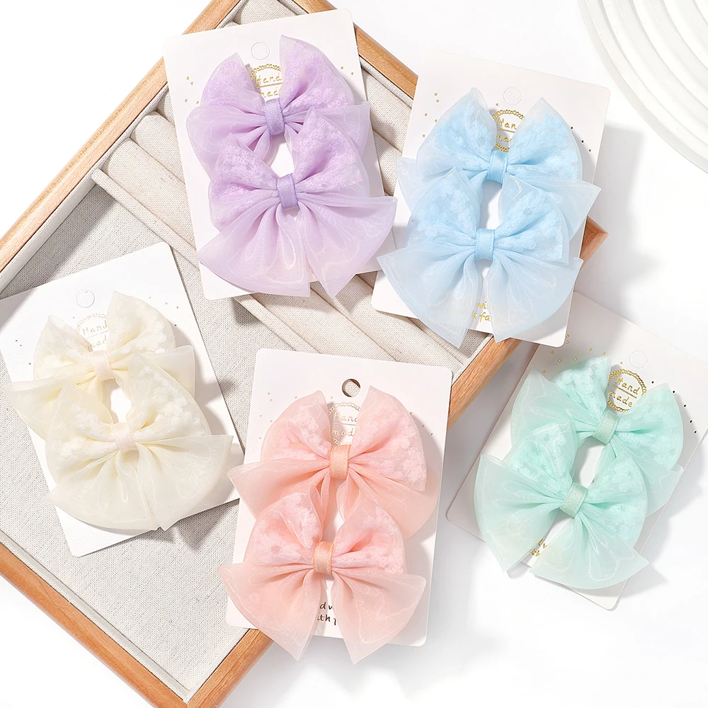 2 Pcs/set New Fashion Summer Girls Elegant Organza Bow Hairpins Sweet Kids Solid Safe Hair Clips Princess Hair Accessories Gift